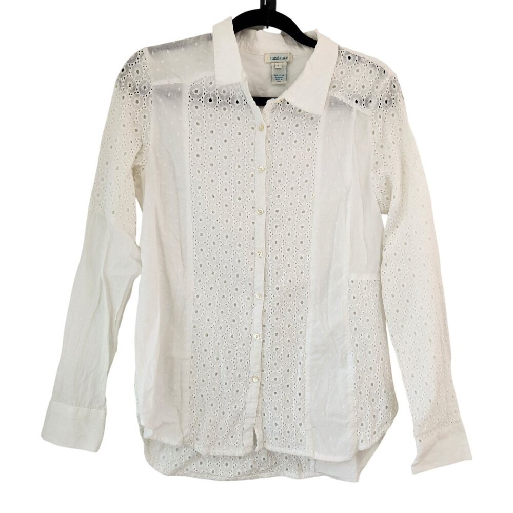 Sundance White Eyelet Long Sleeve Button Down Shirt 100% Cotton Women's S